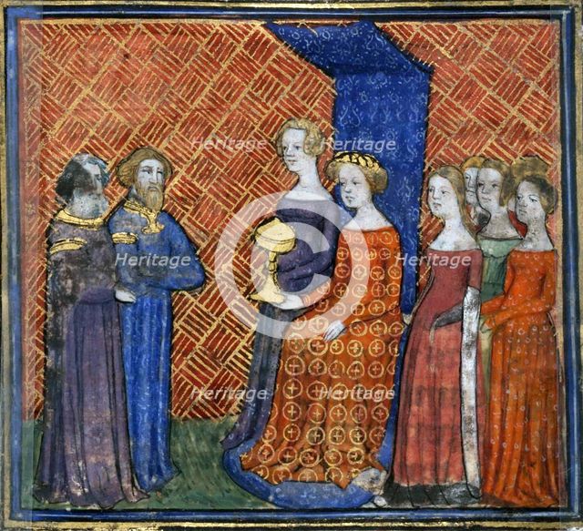 King Solomon Receiving the Queen of Sheba (from the Bible historiale by Guiart des Moulins), 1400-1415. Artist: Virgil Master (active 1380-1420)