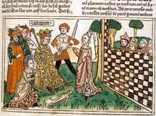 King Solomon's judgment, scene in the Bible of Nuremberg written in German, 1483