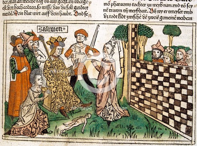 King Solomon's judgment, scene in the Bible of Nuremberg written in German, 1483.