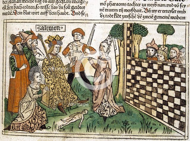 King Solomon's judgment, scene in the Bible of Nuremberg written in German, 1483.