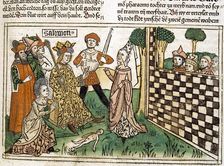 King Solomon's judgment, scene in the Bible of Nuremberg written in German, 1483