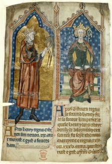 King Stephen standing with a falcon, and King Henry II seated on his throne, c1280-1300. Creator: Unknown