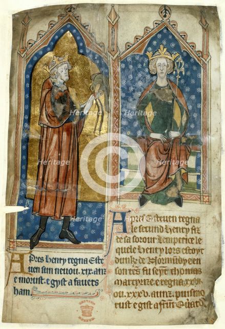 King Stephen standing with a falcon, and King Henry II seated on his throne, c1280-1300.  Creator: Unknown.