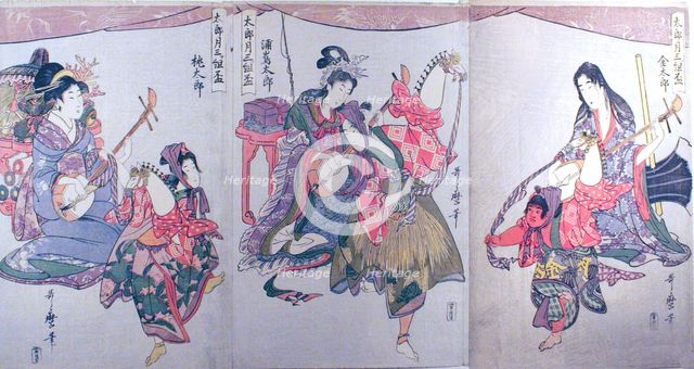 Kintaro, Urashimataro, and Momotaro, from the triptych "Set of Three Sake Cups for the..., c1800/01. Creator: Kitagawa Utamaro.