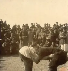 Kirgiz Wrestling: Views in the Zaisan District, 1909. Creator: Nikolai Georgievich Katanaev