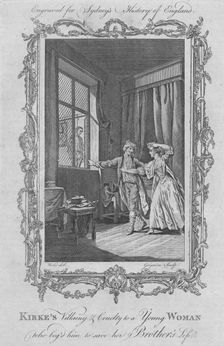 Kirke's villainy & cruelty to a young woman who beg'd him to save his brother's life 1773. Creator: Charles Grignion