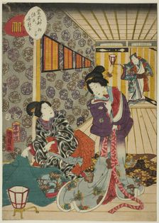 Kiritsubo, No. 1 from the series "Murasaki Shikibu's Genji Cards (Murasaki Shikibu Genji..., 1857. Creator: Utagawa Kunisada II