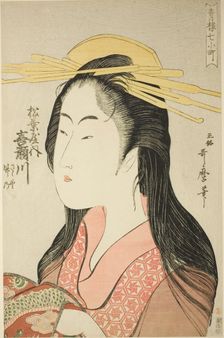 Kisegawa of the Matsubaya, [whose attendants are] Sasano, Takeno (Matsubaya uchi,..., c. 1794/95. Creator: Kitagawa Utamaro
