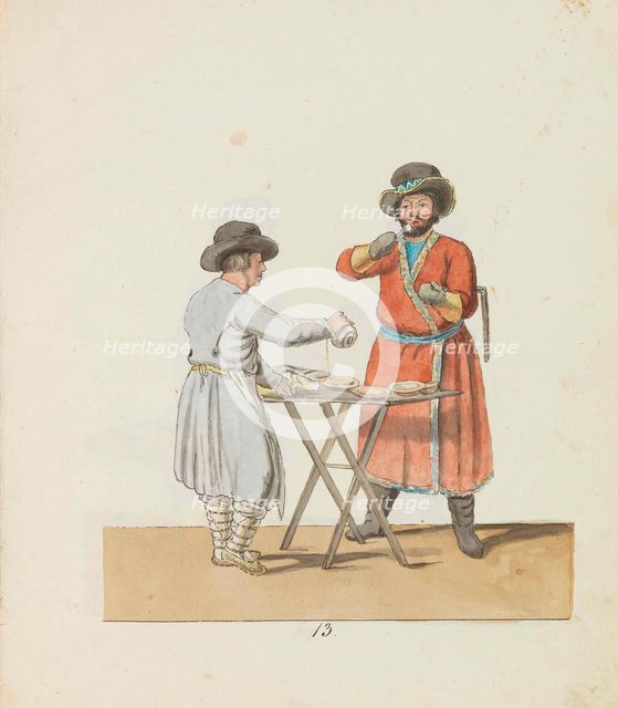 Kissel vendor and manorial coachman (From the series The St. Petersburg Peddlers), 1799. Creator: Geissler, Christian Gottfried Heinrich (1770-1844).