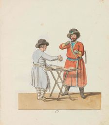 Kissel vendor and manorial coachman (From the series The St. Petersburg Peddlers), 1799. Creator: Geissler, Christian Gottfried Heinrich (1770-1844)