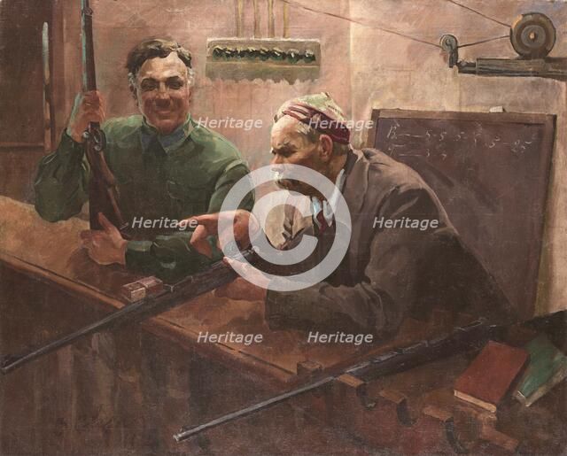 Kliment Voroshilov and Maksim Gorky at the Shooting Range of the Central House of the Red Army, 1935 Creator: Svarog, Vasili Semyonovich (1883-1946).