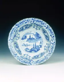 Kraak blue and white klapmuts bowl with pagoda and seascape, late Ming dynasty, China, c1610. Creator: Unknown