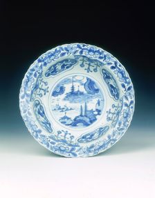 Kraak blue and white klapmuts bowl with pagoda and seascape, late Ming dynasty, China, c1610