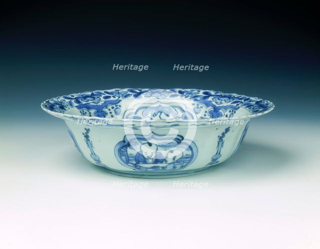 Kraak blue and white klapmuts bowl with pagoda and seascape, late Ming dynasty, China, c1610. Artist: Unknown