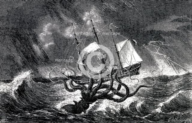 Kraken Attacking a Sailing Vessel During a Storm  , 1870.