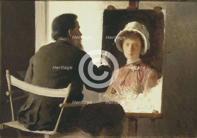 Kramskoy Painting a Portrait of his Daughter, 1884. Artist: Kramskoi, Ivan Nikolayevich (1837-1887)
