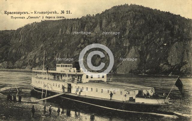 Krasnoyarsk The steamboat "Falcon" off the shore of the monastery, 1904-1917. Creator: Unknown.