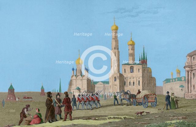 Kremlin complex, Cathedral Square, Moscow, Russia, 1839. View of the Ivan the Great Bell Tower.  Creator: Augustin François Lemaitre.