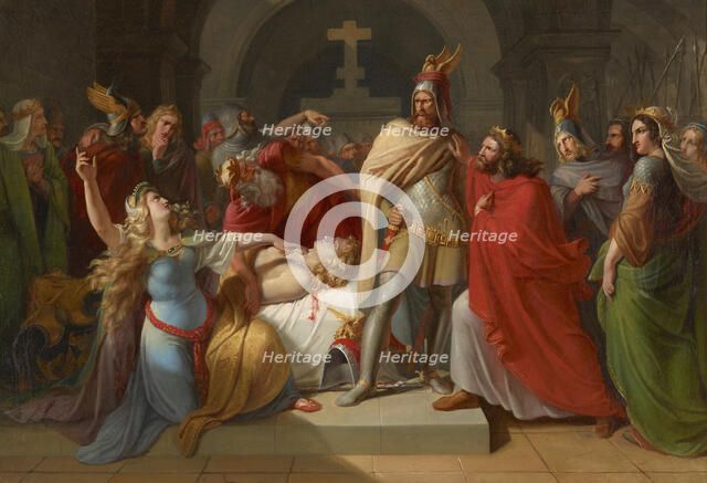 Kriemhild at Siegfried's body declares Hagen as his murderer and swears revenge, 1835. Creator: Rahl, Carl (1812-1865).