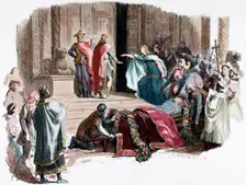 Kriemhild requiring the proof of the coffin, Nibelungenlied, Anonymous epic poem, 13th cent., (1882) Creator: Adolf Closs