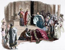 Kriemhild requiring the proof of the coffin, Nibelungenlied, Anonymous epic poem, 13th cent., (1882) Creator: Adolf Closs