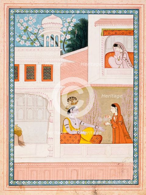 Krishna Talks to Radha's Maidservant, Folio from a Satsai (Seven Hundred Verses..., c1825. Creator: Unknown.