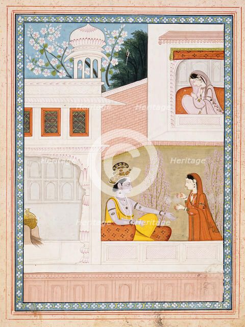 Krishna Talks to Radha's Maidservant, Folio from a Satsai (Seven Hundred Verses..., c1825. Creator: Unknown.