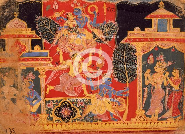 Krishna Uproots the Parijata Tree, Folio from a Bhagavata Purana..., between 1525 and 1550. Creator: Unknown.