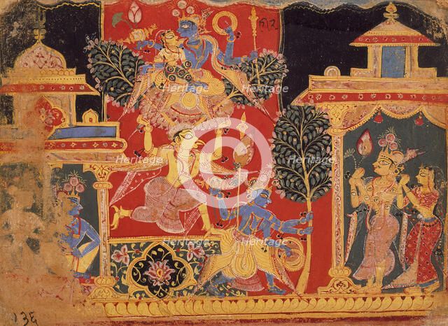 Krishna Uproots the Parijata Tree, Folio from a Bhagavata Purana..., between 1525 and 1550. Creator: Unknown.