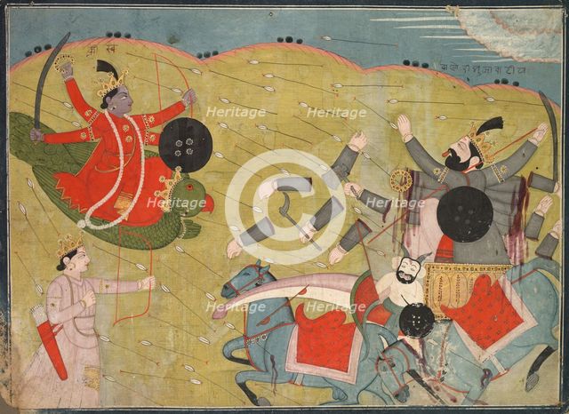Krishna Vanquishing Vanasura: Scene from the Aniruddha Usha Section of Krishna Lila, c. 1840. Creator: Unknown.