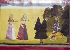 Krishna with flute, approached by two ladies