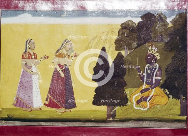 Krishna with flute, approached by two ladies. Artist: Unknown.