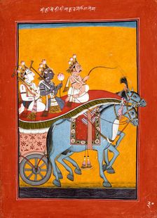 Krishna and Balarama Being Driven by Akrura to Mathura, Folio from a Bhagavata..., c1730. Creator: Unknown