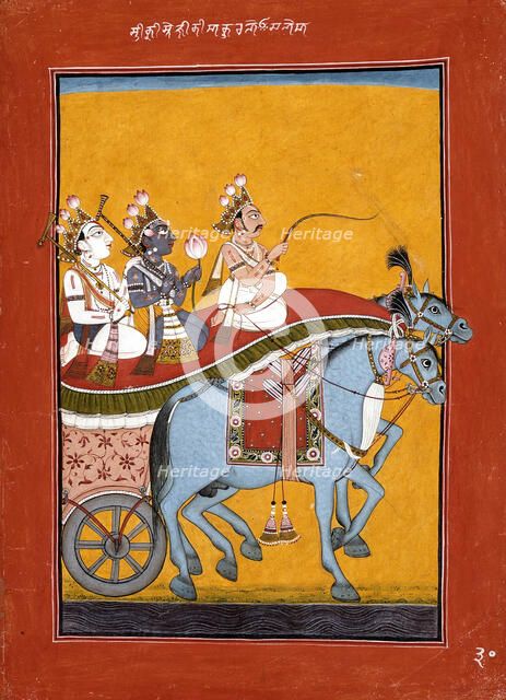 Krishna and Balarama Being Driven by Akrura to Mathura, Folio from a Bhagavata..., c1730. Creator: Unknown.