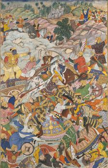 Krishna and Balarama Fighting the Enemy, Folio from a Harivamsa (The Legend of Hari..., c1590-95. Creator: Unknown