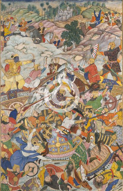 Krishna and Balarama Fighting the Enemy, Folio from a Harivamsa (The Legend of Hari..., c1590-95. Creator: Unknown.