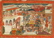 Krishna and Balarama setting off from a palace, c. 1840. Artist: Indian Art