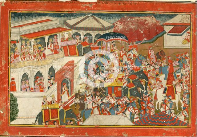 Krishna and Balarama setting off from a palace, c. 1840. Artist: Indian Art  