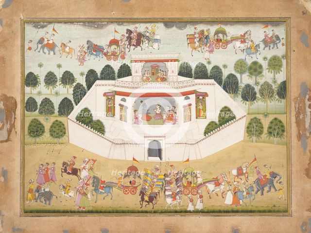 Krishna and Balarama within a Walled Palace: Page from a Dispersed Bhagavata Purana..., ca. 1700.    Creator: Unknown.