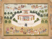 Krishna and Balarama within a Walled Palace: Page from a Dispersed Bhagavata Purana..., ca. 1700. Creator: Unknown