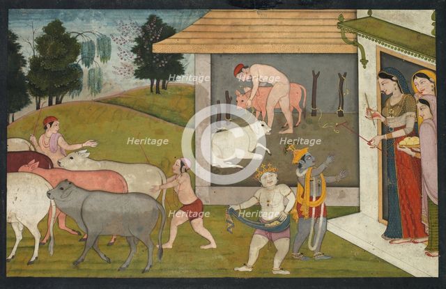 Krishna and Lakshmana Taking the Cattle Out to Graze, page from the Bhagavata Purana, c. 1780-1790. Creator: Unknown.