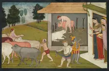 Krishna and Lakshmana Taking the Cattle Out to Graze, page from the Bhagavata Purana, c. 1780-1790. Creator: Unknown