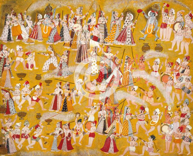 Krishna and Radha Celebrating the Holi Festival with Companions, c1750. Creator: Unknown.
