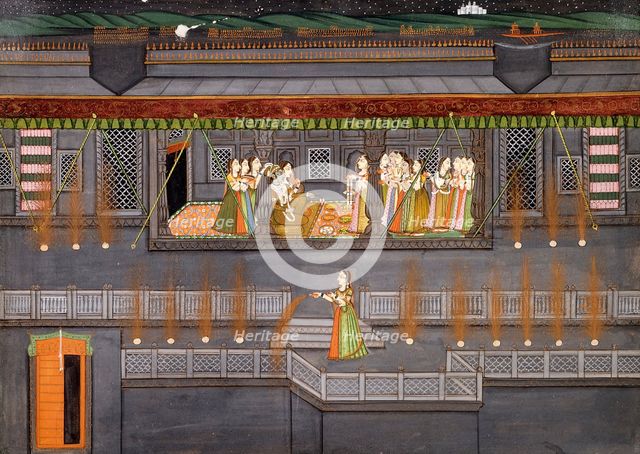 Krishna and Radha Enjoying a Feast and Fireworks, early 19th century. Creator: Unknown.