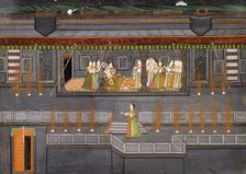 Krishna and Radha Enjoying a Feast and Fireworks, early 19th century. Creator: Unknown