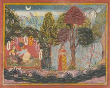 Krishna and Radha in a Bower: Page From a Dispersed Gita Govinda, ca. 1665. Creator: Sahibdin