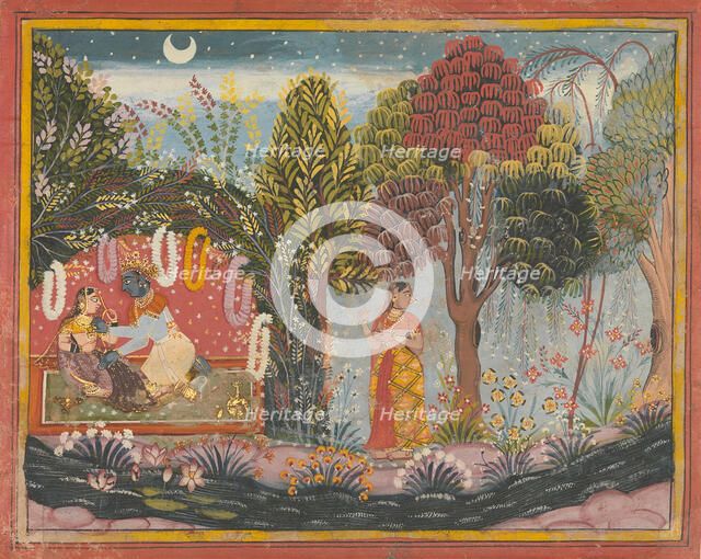 Krishna and Radha in a Bower: Page From a Dispersed Gita Govinda, ca. 1665. Creator: Sahibdin.