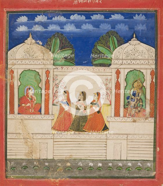 Krishna and Radha in two pavilions, 19th century. Artist: Unknown.