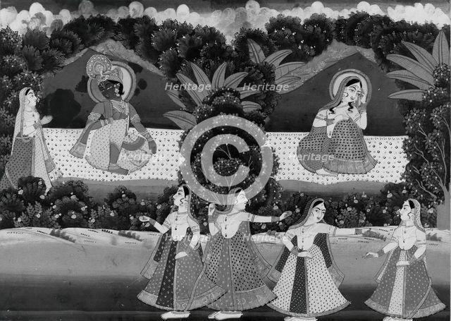 Krishna and Radha Seated on a Platform in Landscape with Dancers...late 19th-early 20th century. Creator: Unknown.