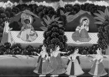 Krishna and Radha Seated on a Platform in Landscape with Dancers...late 19th-early 20th century. Creator: Unknown